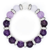 Close-up of Chalcedony, Clear Quartz, and Amethyst beads in an elegant bracelet design.
